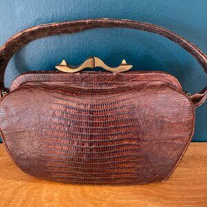Vintage Genuine Brown Lizard Reptile Skin Leather Handbag Purse Satchel